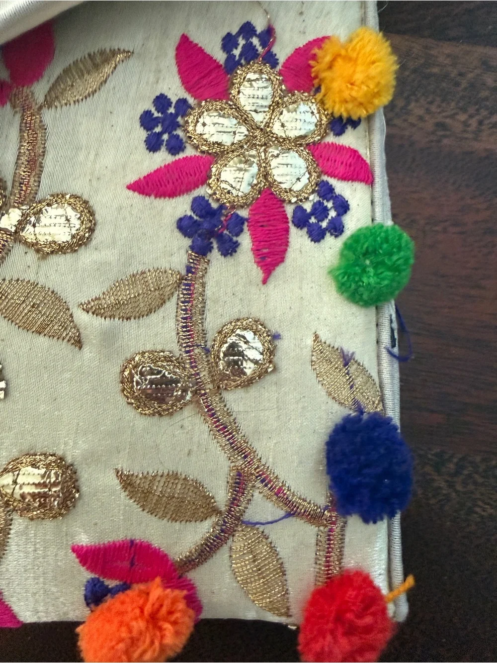 Anthropologie Embroidered Cream Clutch with Multicolor Pom Poms